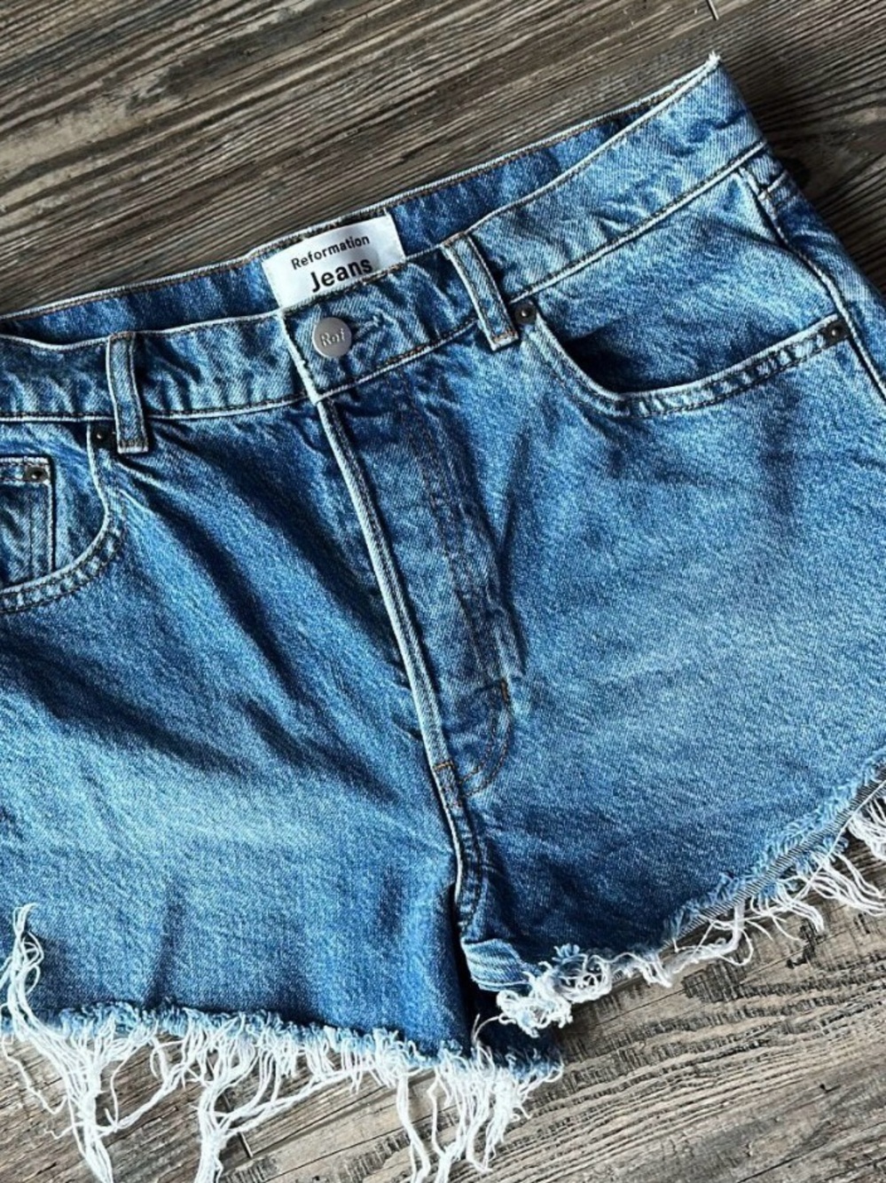 Reformation Distressed High-Rise Denim Shorts - Blue